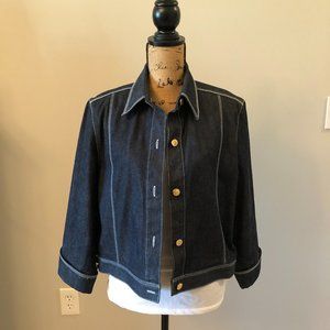 Jean Jacket with signature Anna Klein lion head buttons.